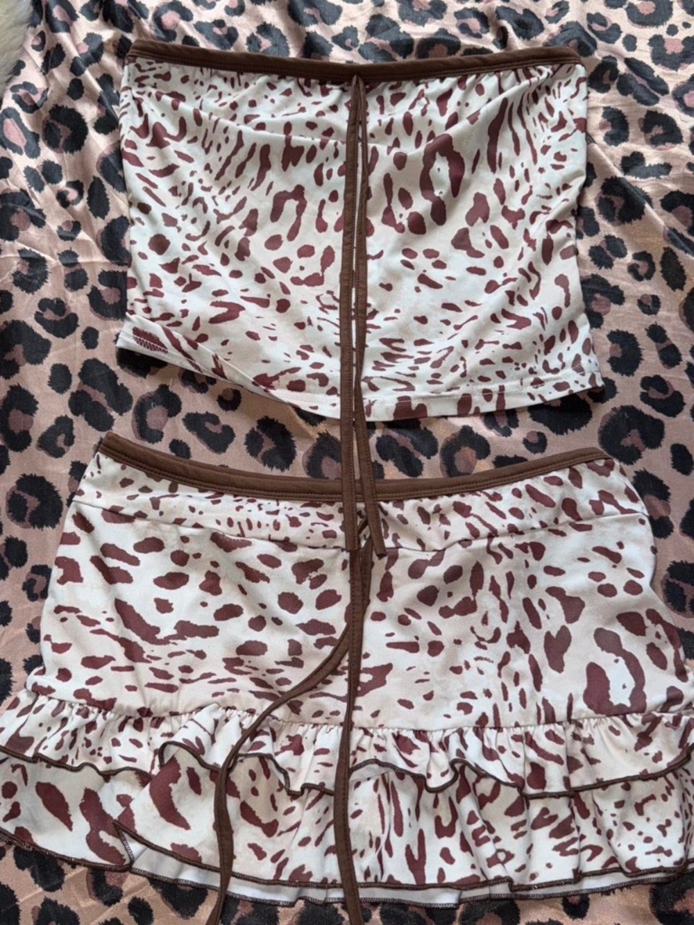 Leopard Print Two-Piece Tube Top & Ruffle Mini Skirt Set
